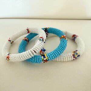 NEW SET OF 3 African Maasai Beaded Bracelets white blue